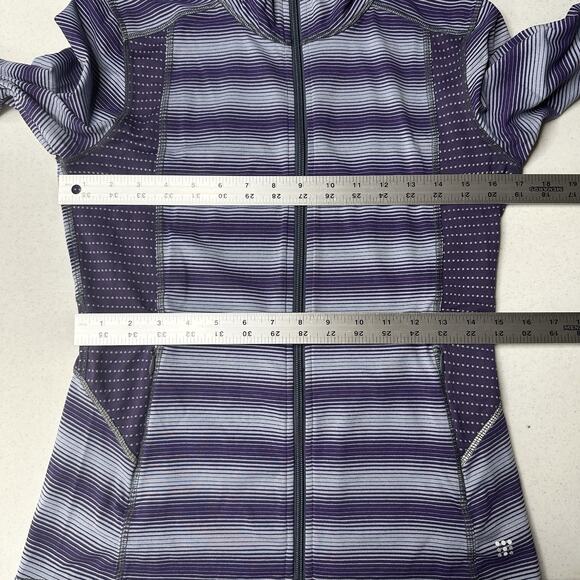 Title Nine Sweater Womens Small Full Zip Top Purple Stripes Jacket Thumbholes - Picture 8 of 9